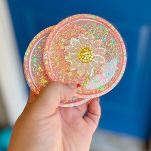 Handmade Peach Daisy Resin Coasters | Glitter Cottagecore Decor, Set of 2